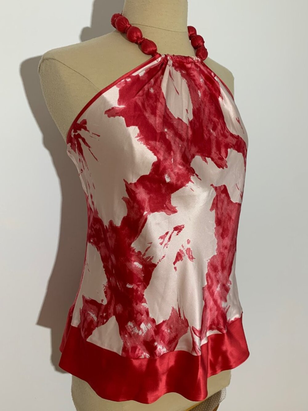 Bebe Y2K Red White Silk Halter Top Abstract Print Size S